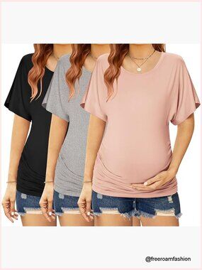 Maternity T-Shirts 3 Pack Dolman Sleeve Side Ruched Tops Tunic S-XXL